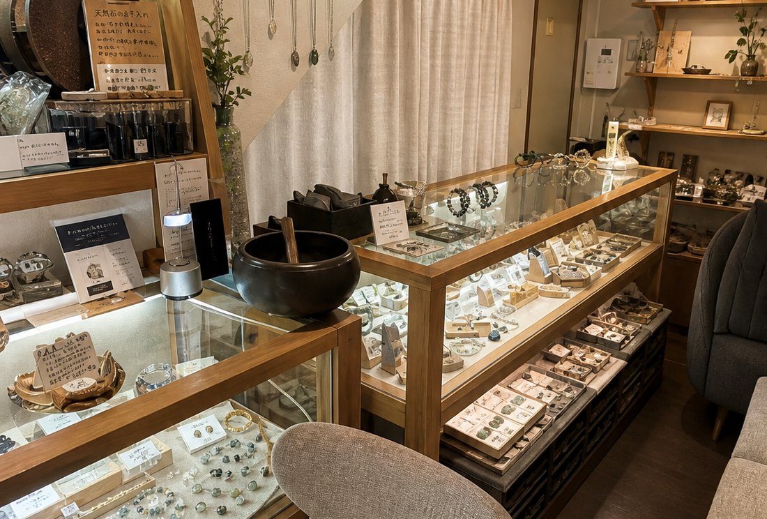 木枠のガラスケースに石のアクセサリーが並ぶ、彩石屋府中店の店内